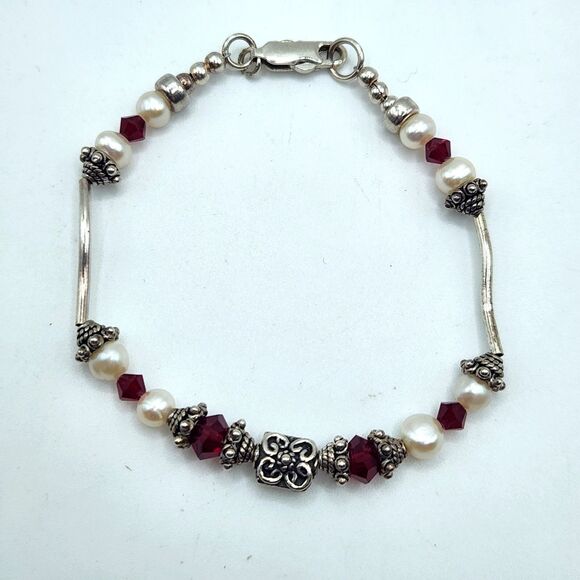 Y2K Vintage 925 Women's Bracelet 6.25"Minimalist Classic Genuine Pearl Ruby Bead - Picture 3 of 8